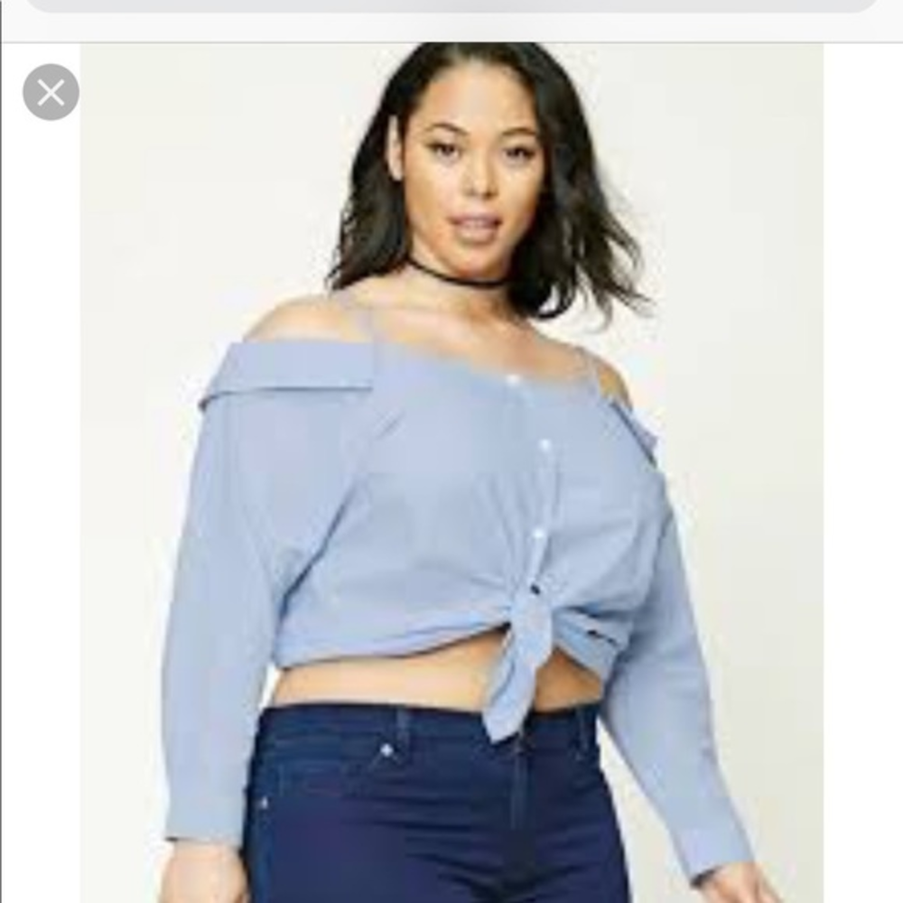 Forever 21 Plus blue pinstripe strapless button up‎ menswear blouse 1X